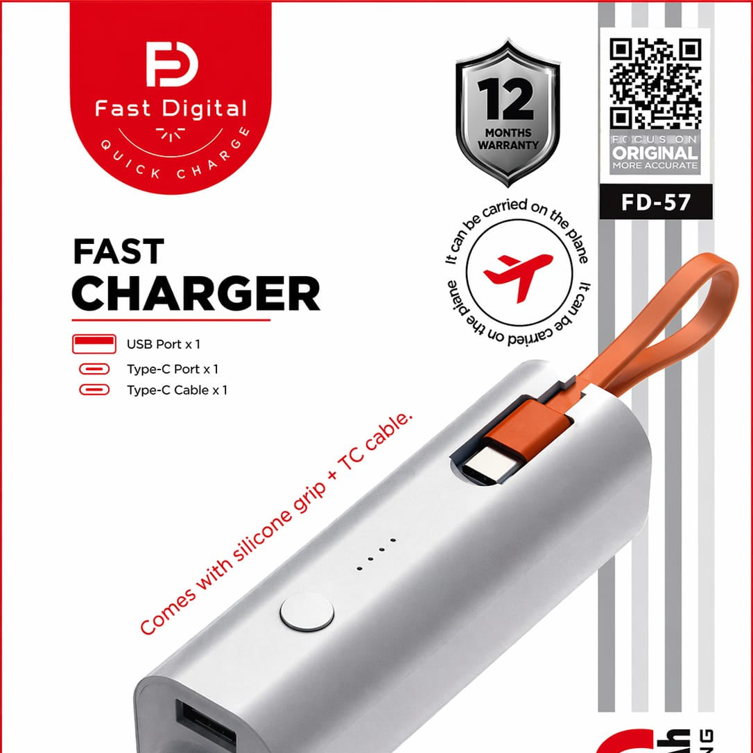Power Bank 5000mAh avec Câble Type-C et Lampe LED Compacte