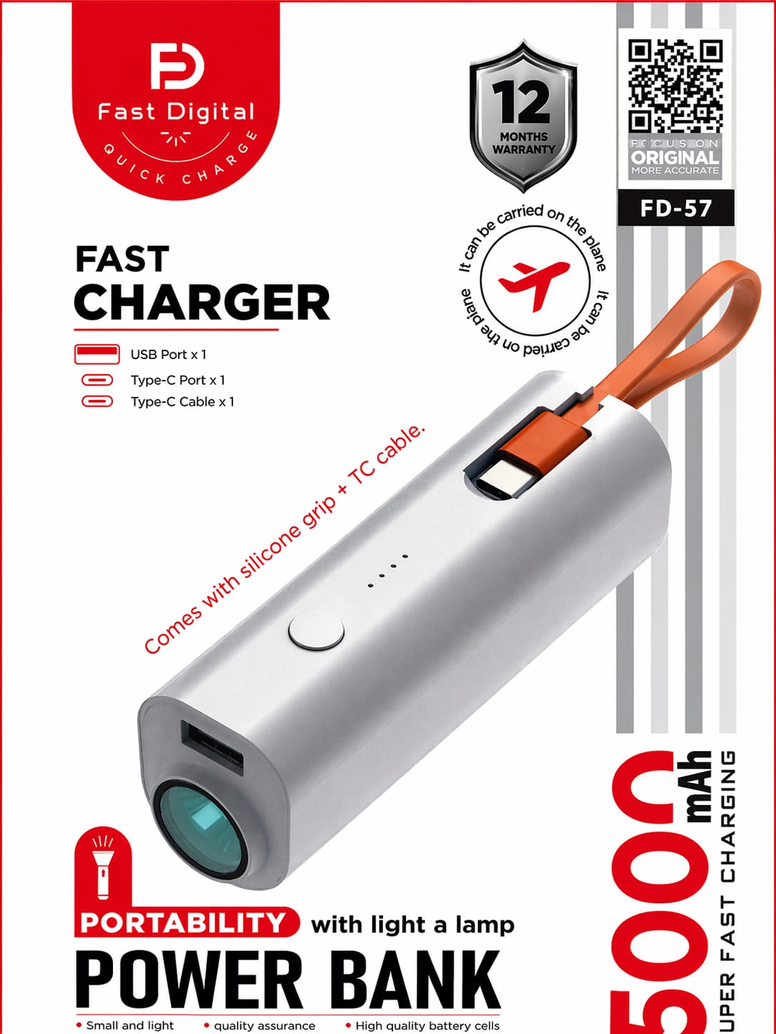 Power Bank 5000mAh avec Câble Type-C et Lampe LED Compacte