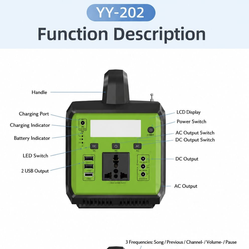 Station d'Énergie Portable YY-203 200W avec Bluetooth & FM