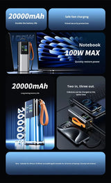 Power Bank 20000mAh 100W USB-C avec Câble Rétractable PB-43