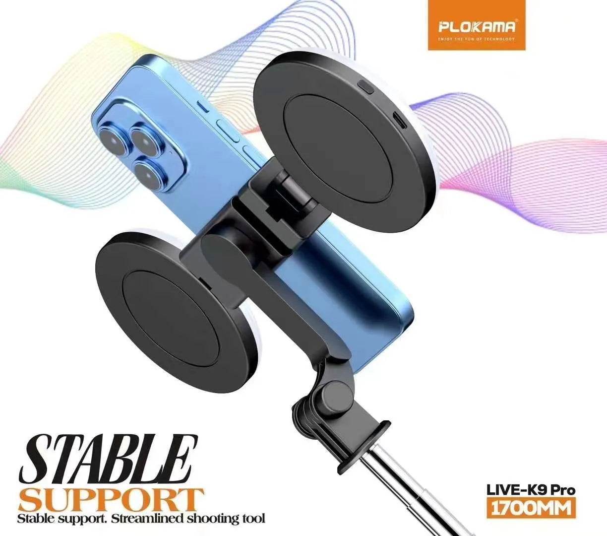 Trépied Selfie Stick K9 Pro Bluetooth 1,7m avec Lumière LED – 4 en 1, Télécommande, Portrait/Paysage