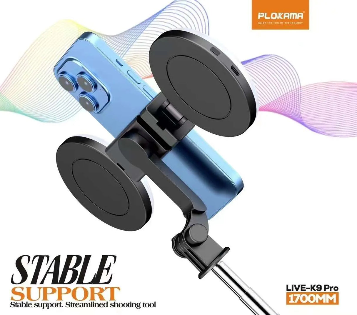 Trépied Selfie Stick K9 Pro Bluetooth 1,7m avec Lumière LED – 4 en 1, Télécommande, Portrait/Paysage