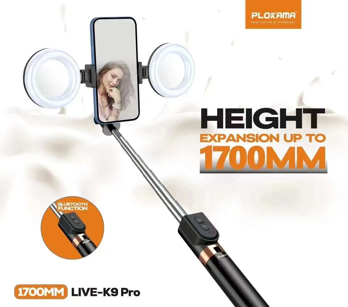 Trépied Selfie Stick K9 Pro Bluetooth 1,7m avec Lumière LED – 4 en 1, Télécommande, Portrait/Paysage