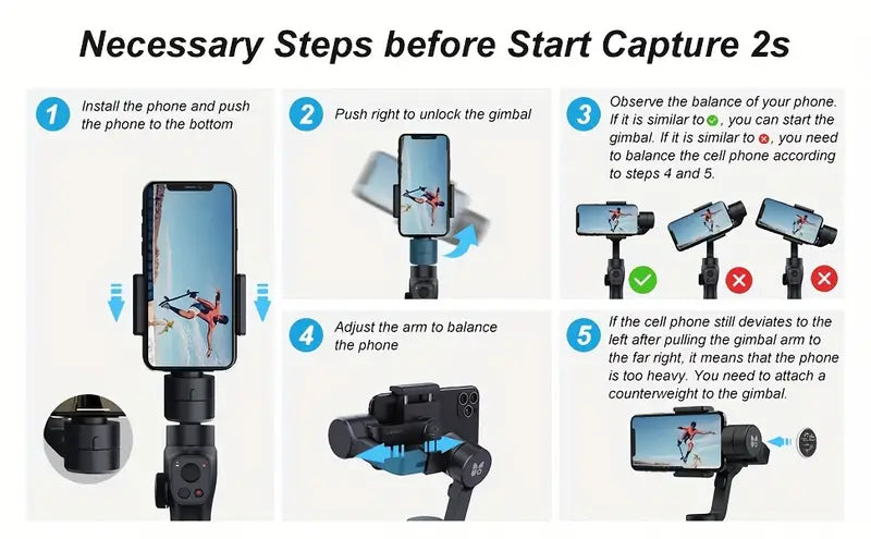 Stabilisateur Smartphone FUNSNAP Capture 2s – Gimbal 3 Axes avec Molette de Focus