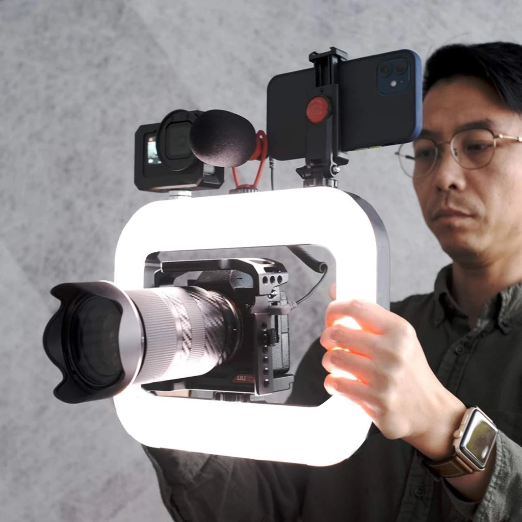 Smartphone Video Rig YM200-RGB avec Anneau Lumineux LED | Stabilisateur Vidéo Professionnel avec Batterie 8000mAh