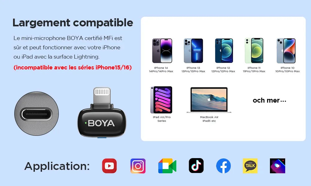 BOYA Mini Micro Sans Fil Type-C & Lightning – AI Voice, Noise Cut