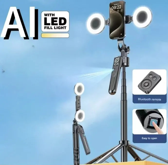 Trépied Selfie AI 360° 1,80 m avec Lumière LED et Télécommande