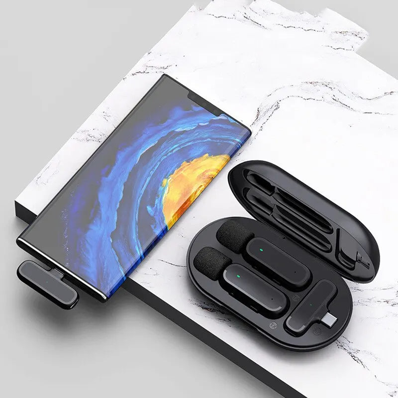 Microphone Lavalier Sans Fil avec Boîtier de Charge - Double Micro pour iPhone