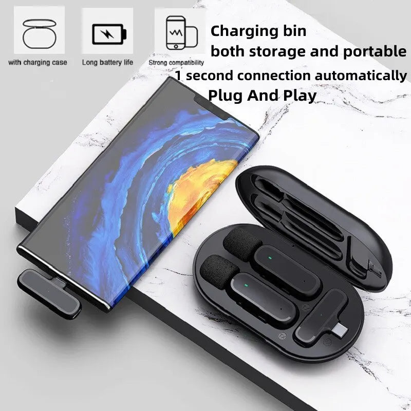 Microphone Lavalier Sans Fil avec Boîtier de Charge - Double Micro pour iPhone