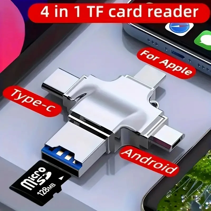 Lecteur de Carte Mémoire Micro SD 4-en-1 – Compatible iPhone, Android, Mac, PC, USB-C & Lightning