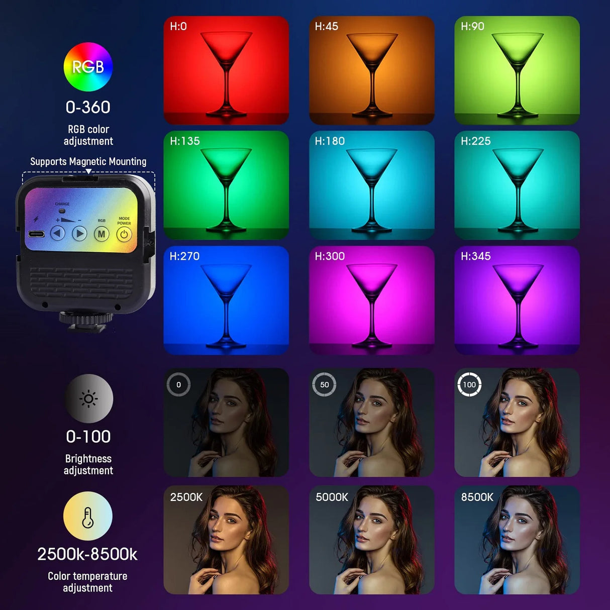 Professional Studio Video Light: CRI 97 + RGB, 2500K ~ 8500K, 3 Cold Shoe Mounts & Diffuser