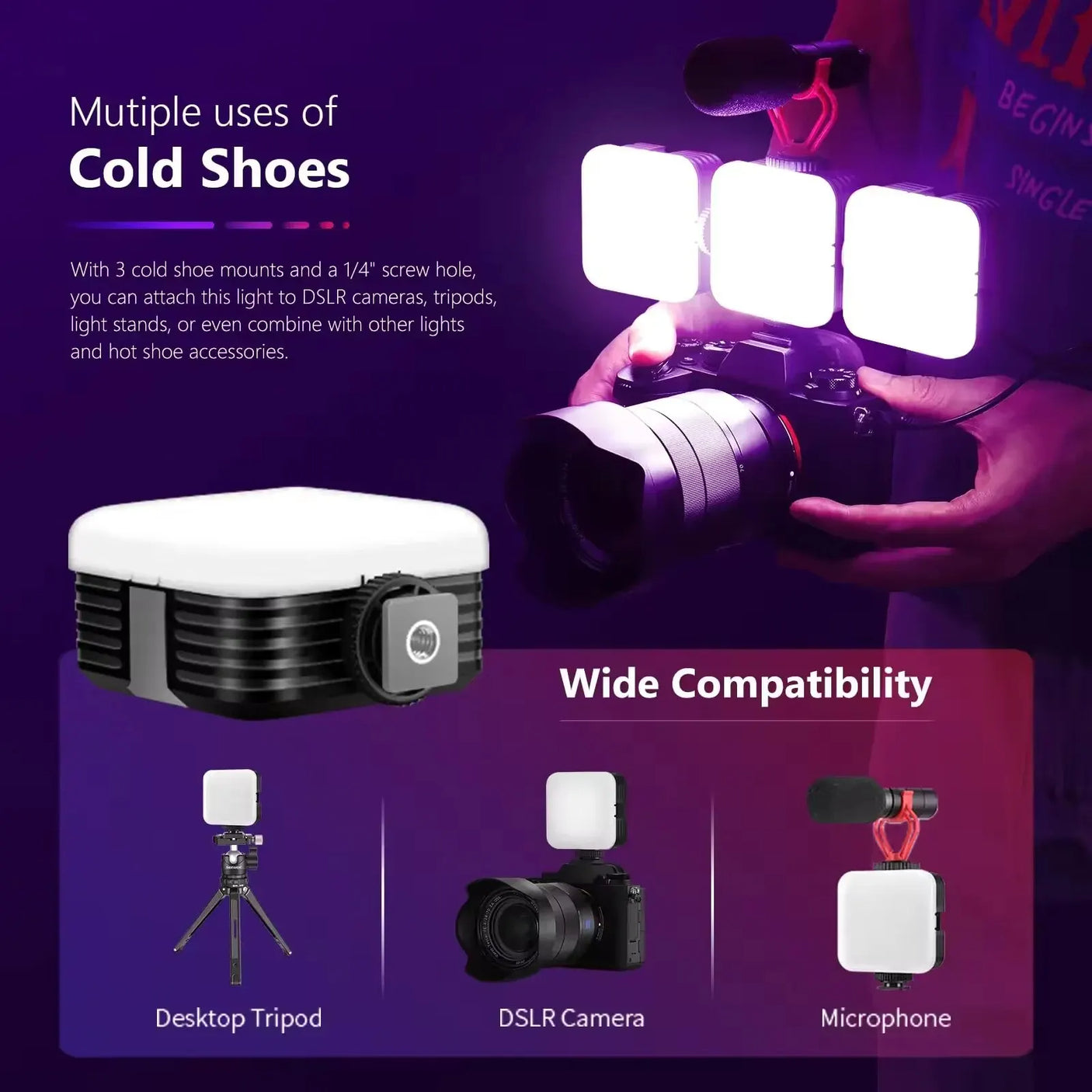 Professional Studio Video Light: CRI 97 + RGB, 2500K ~ 8500K, 3 Cold Shoe Mounts & Diffuser