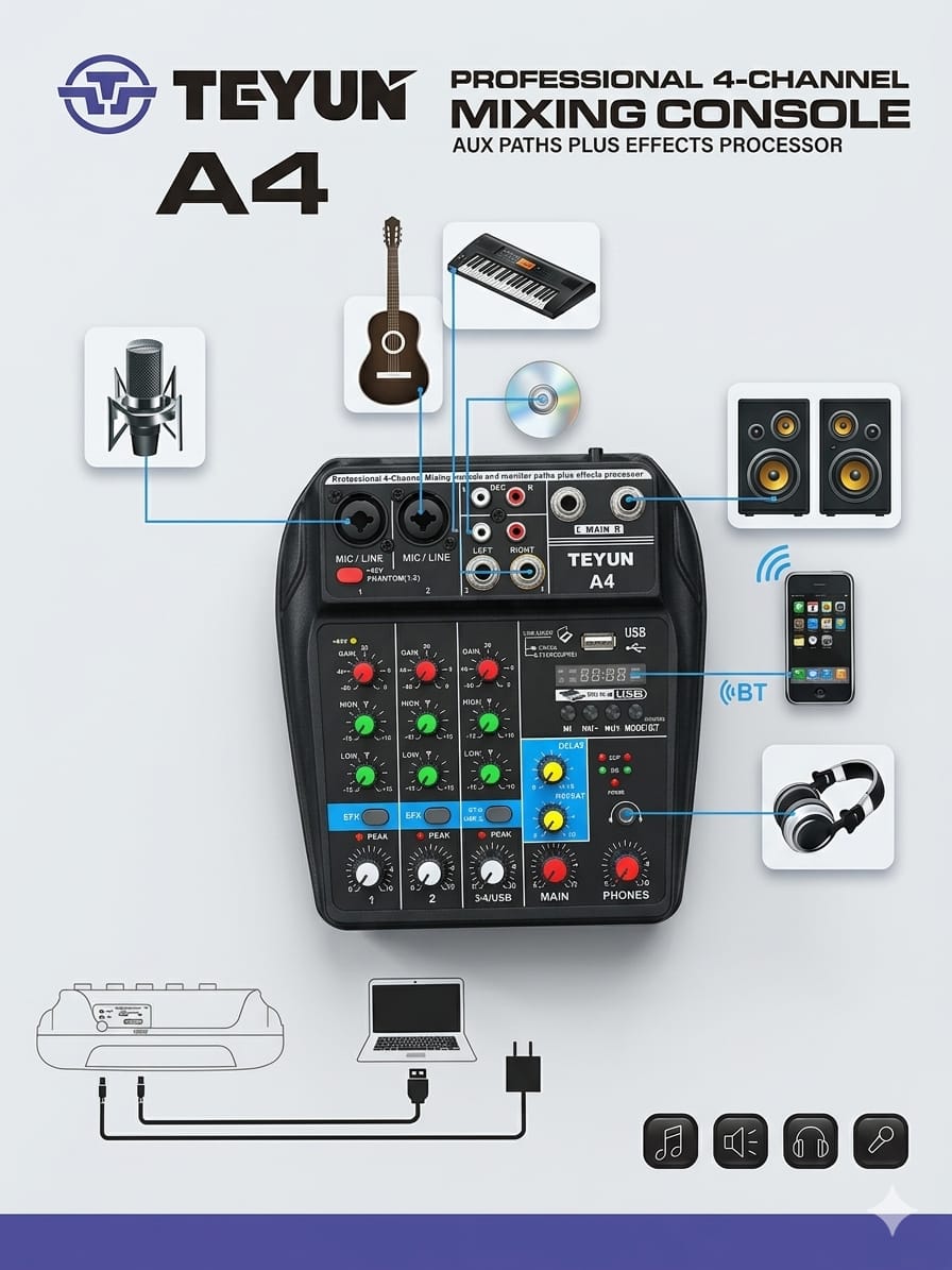 Console de Mixage 4 Canaux Bluetooth USB 48V Teyun A4