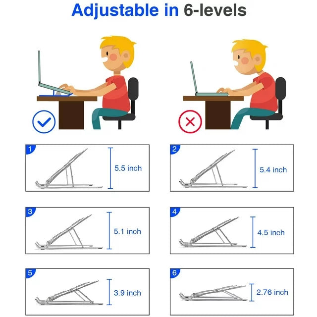 دعم محمول من الألمنيوم الفضي قابل للتعديل 6 نقاط، خفيف، قابل للطي للكمبيوتر الشخصي 10-15.6"