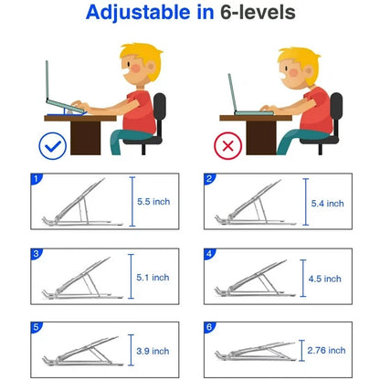 Support portable en aluminium argenté ajustable 6 points, léger, pliable pour PC 10-15.6"