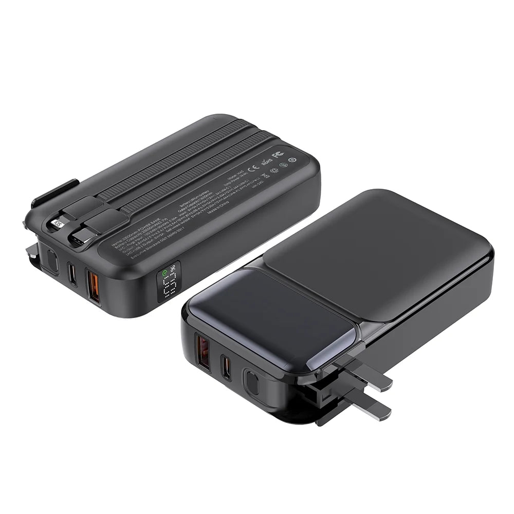 Power Bank 20000mAh avec Prise, Câbles Intégrés et Écran LED – Charge Rapide 22.5W USB-C