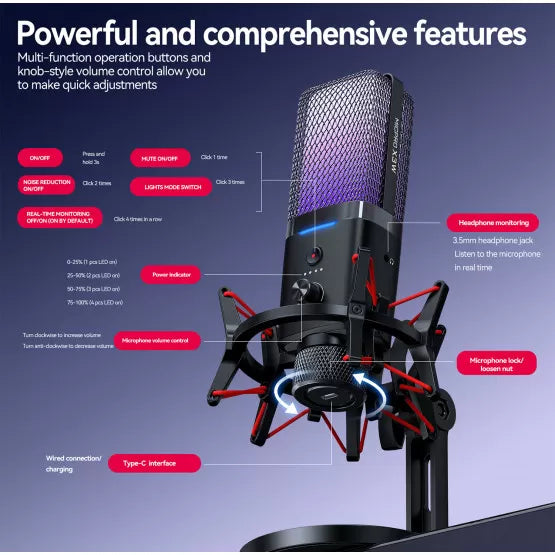 Microphone USB à Condensateur RGB Double Mode Streaming & Gaming