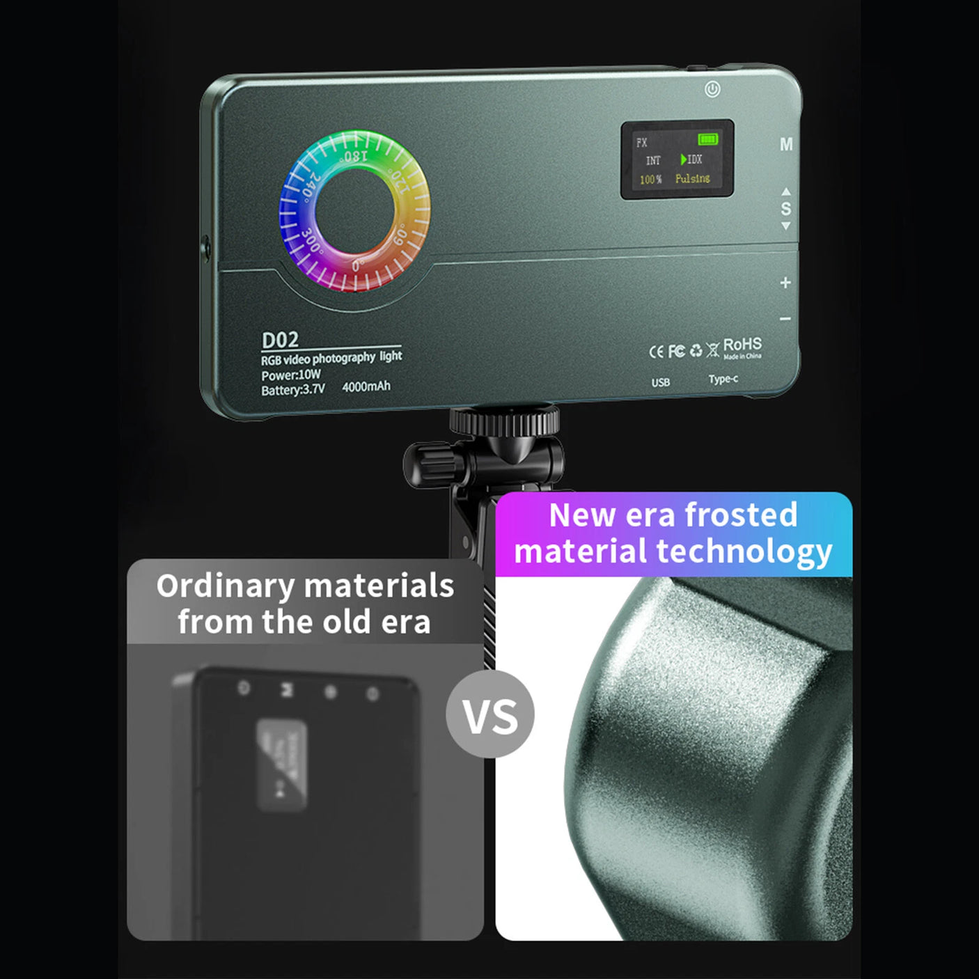 Lumière LED RGB D02 pour Caméra et Smartphone – 10W, Température 2500-9000K, 20 Effets Scènes
