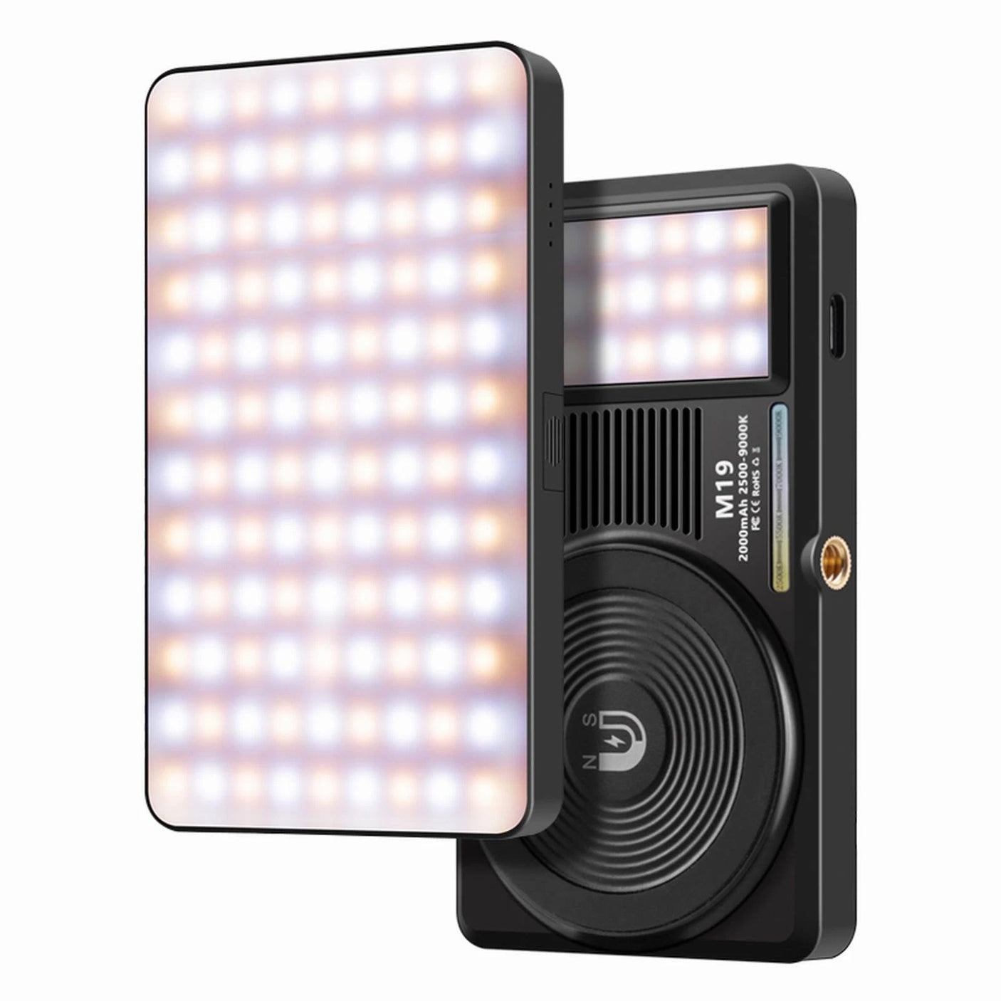 Lampe LED M19 Double Face pour Caméra & Smartphone – Rechargeable 3000mAh, Température 2500-9000K, Aimantée & Portable