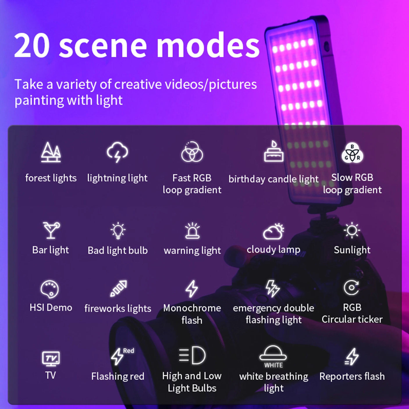 Lumière LED RGB D02 pour Caméra et Smartphone – 10W, Température 2500-9000K, 20 Effets Scènes
