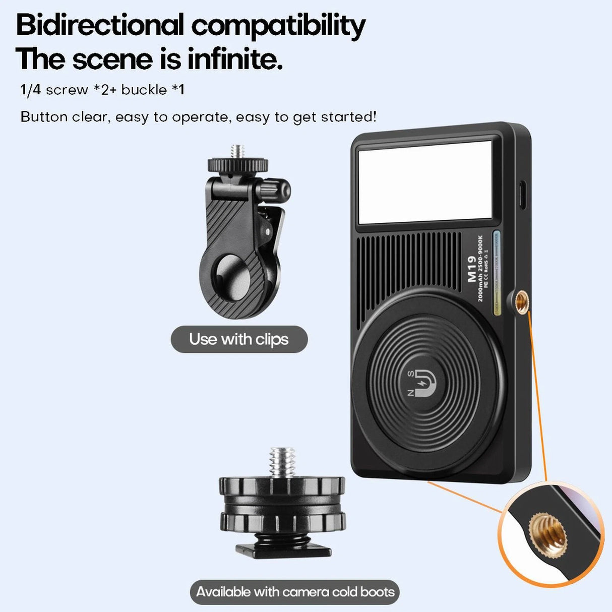 Lampe LED M19 Double Face pour Caméra & Smartphone – Rechargeable 3000mAh, Température 2500-9000K, Aimantée & Portable