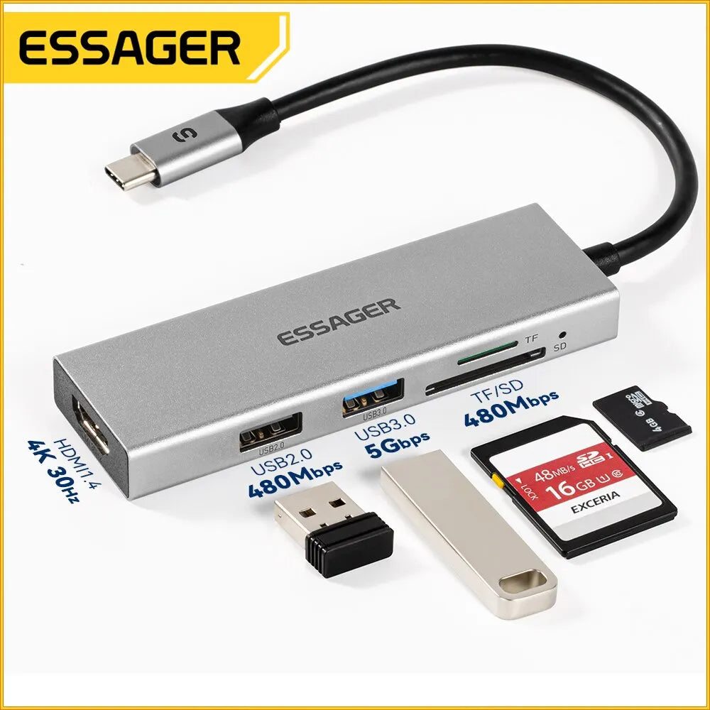 Essager 5 en 1 USB C HUB HDMI-4K station d'accueil Splitter