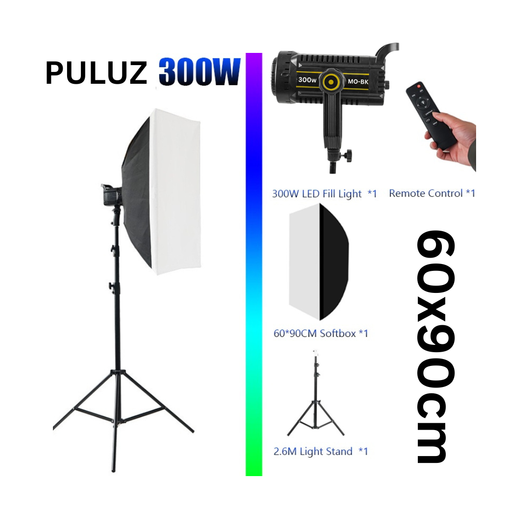 Kit Éclairage Studio PULUZ 300W avec Softbox 60x90cm, Trépied 2.6m et Télécommande – Lumière LED Professionnelle