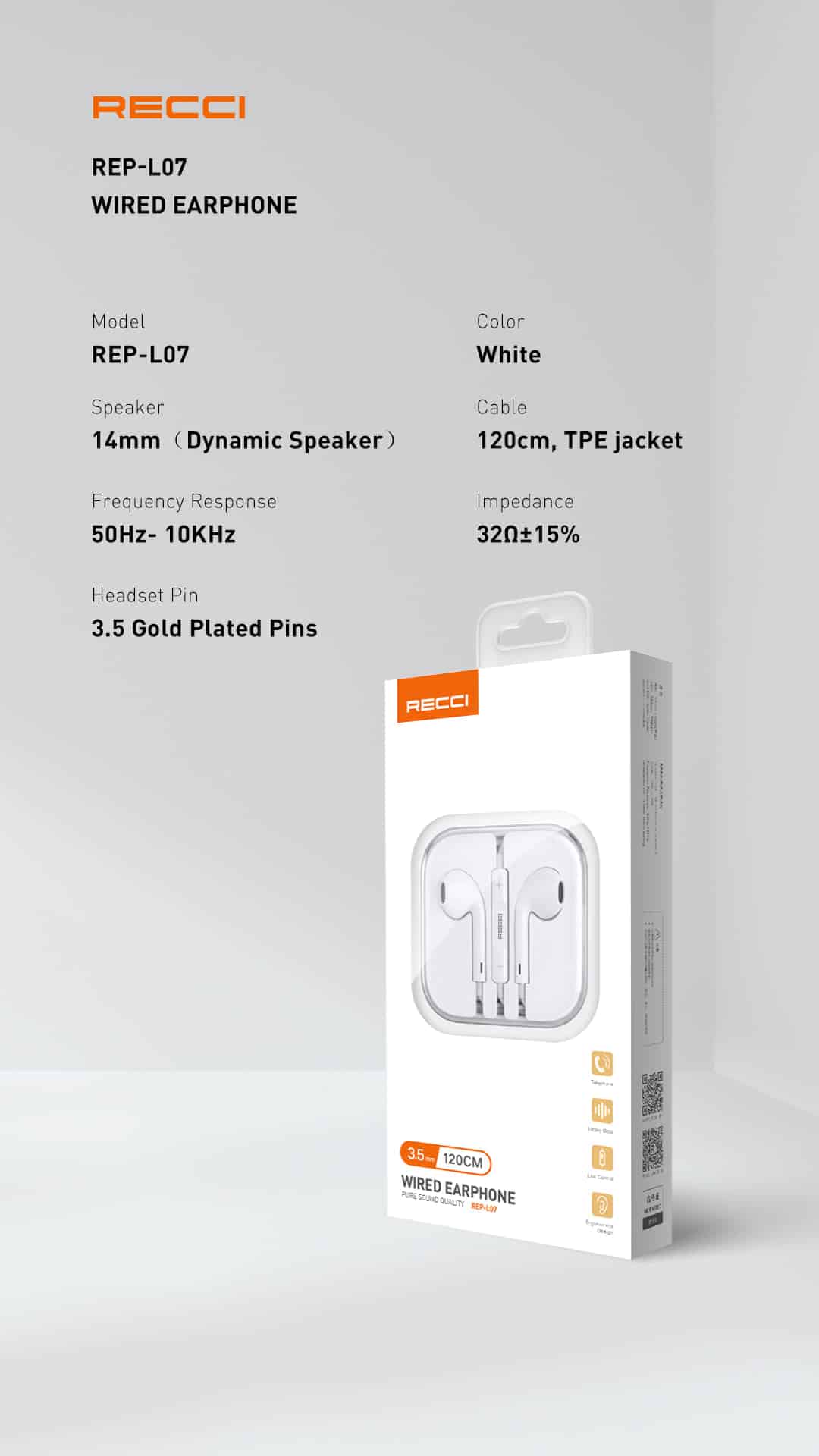 Recci - Écouteur - Écouteur filaire - REP-L07 - Blanc