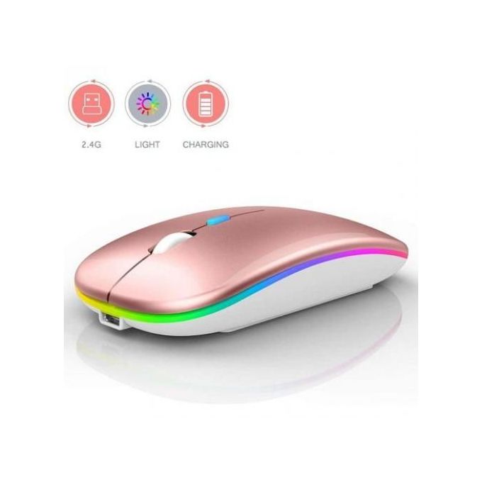 Azami Tech Souris Rose sans fil,rechargeable et silencieuse, éclairage LED RGB