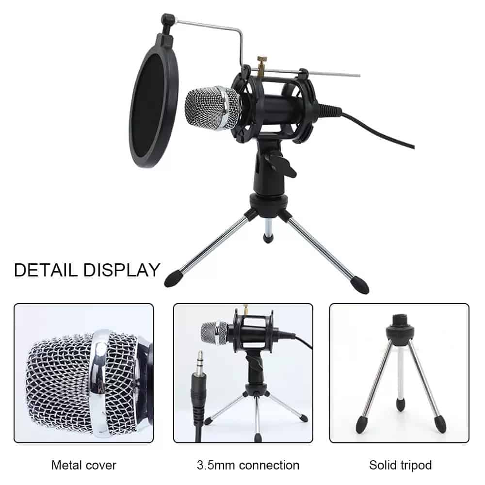 Mini microphone à condensateur Microphone PC 3,5 mm Plug and Play Home Studio Podcast Microphones d'enregistrement vocal avec support mini MIC Filtre acoustique double couche pour téléphone portable PC Tablet