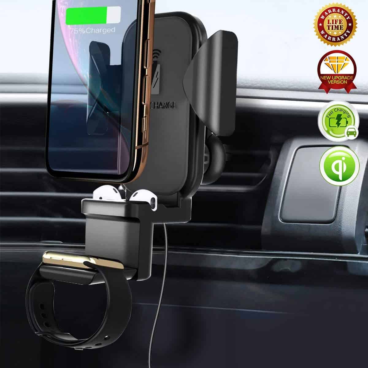 3 en 1 Qi chargeur de voiture sans fil évent, support de charge rapide sans fil support de téléphone de voiture pour Apple Watch / Airpods / iPhone 11 Pro Max / X / XR / XS Max et Samsung Galaxy S10 / S10 Plus Note9 / S9 / S8 / Note 10 Plus