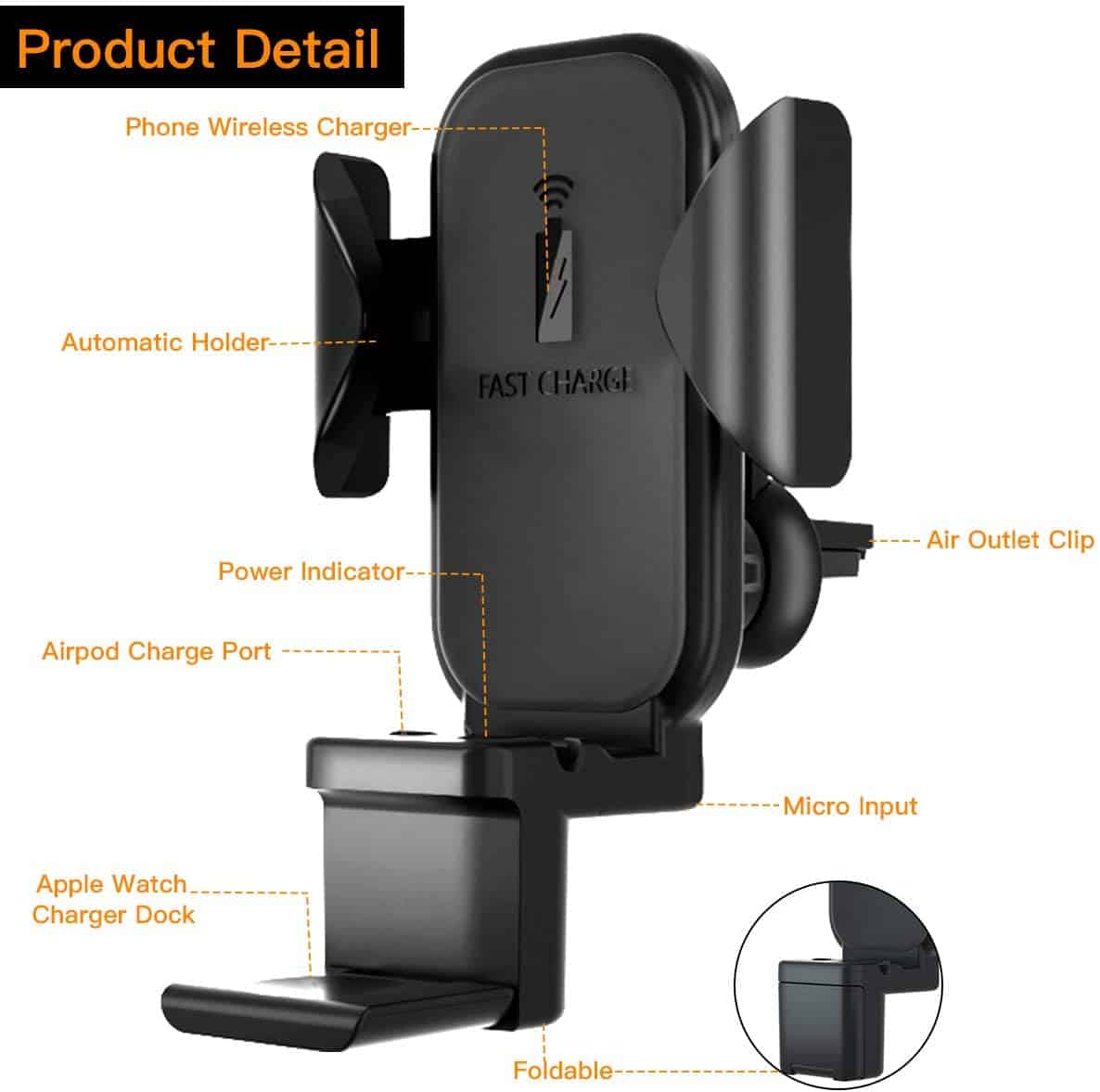 3 en 1 Qi chargeur de voiture sans fil évent, support de charge rapide sans fil support de téléphone de voiture pour Apple Watch / Airpods / iPhone 11 Pro Max / X / XR / XS Max et Samsung Galaxy S10 / S10 Plus Note9 / S9 / S8 / Note 10 Plus