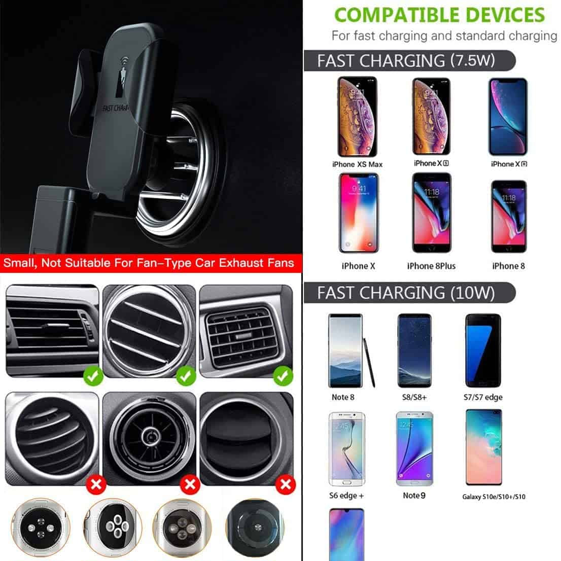 3 en 1 Qi chargeur de voiture sans fil évent, support de charge rapide sans fil support de téléphone de voiture pour Apple Watch / Airpods / iPhone 11 Pro Max / X / XR / XS Max et Samsung Galaxy S10 / S10 Plus Note9 / S9 / S8 / Note 10 Plus
