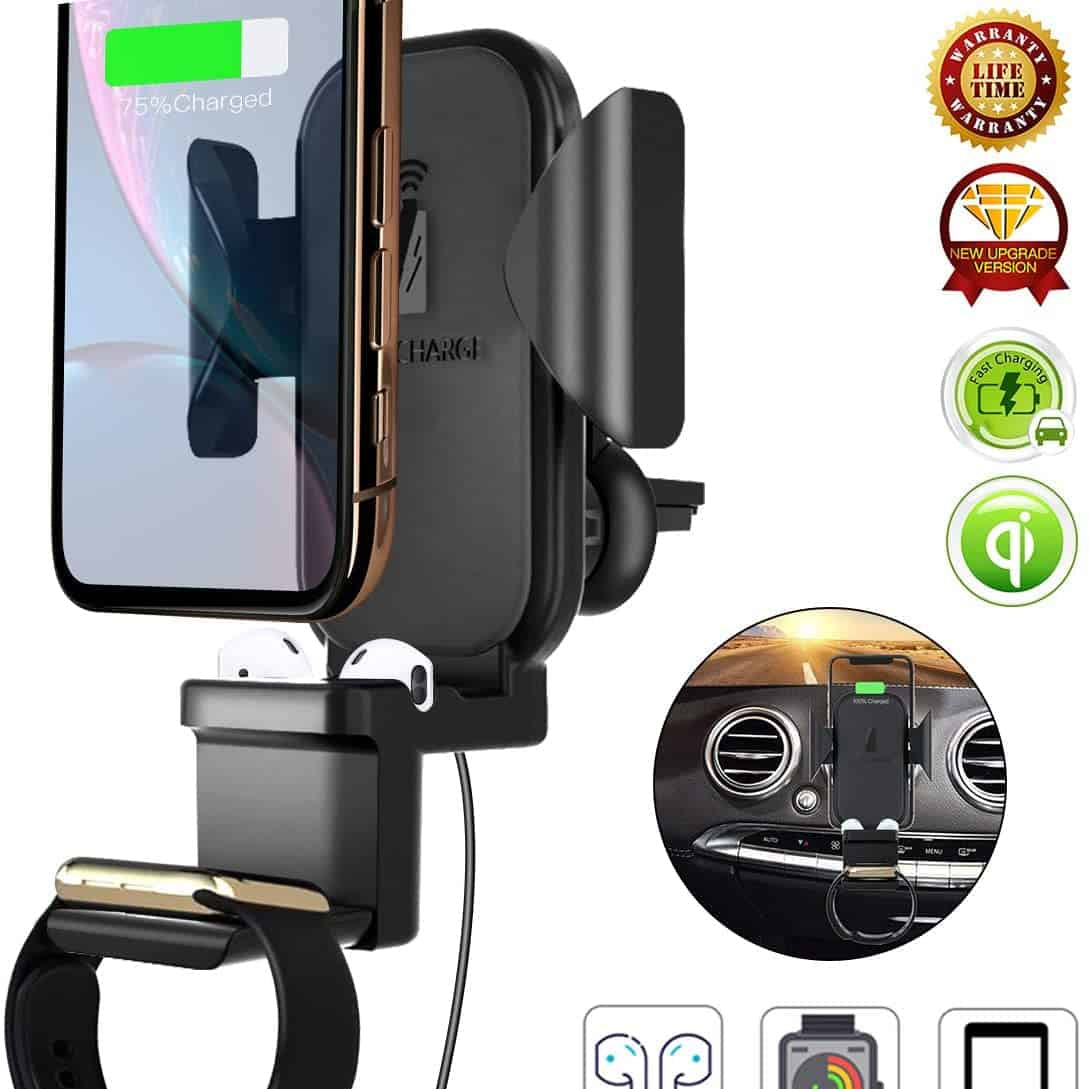 3 en 1 Qi chargeur de voiture sans fil évent, support de charge rapide sans fil support de téléphone de voiture pour Apple Watch / Airpods / iPhone 11 Pro Max / X / XR / XS Max et Samsung Galaxy S10 / S10 Plus Note9 / S9 / S8 / Note 10 Plus