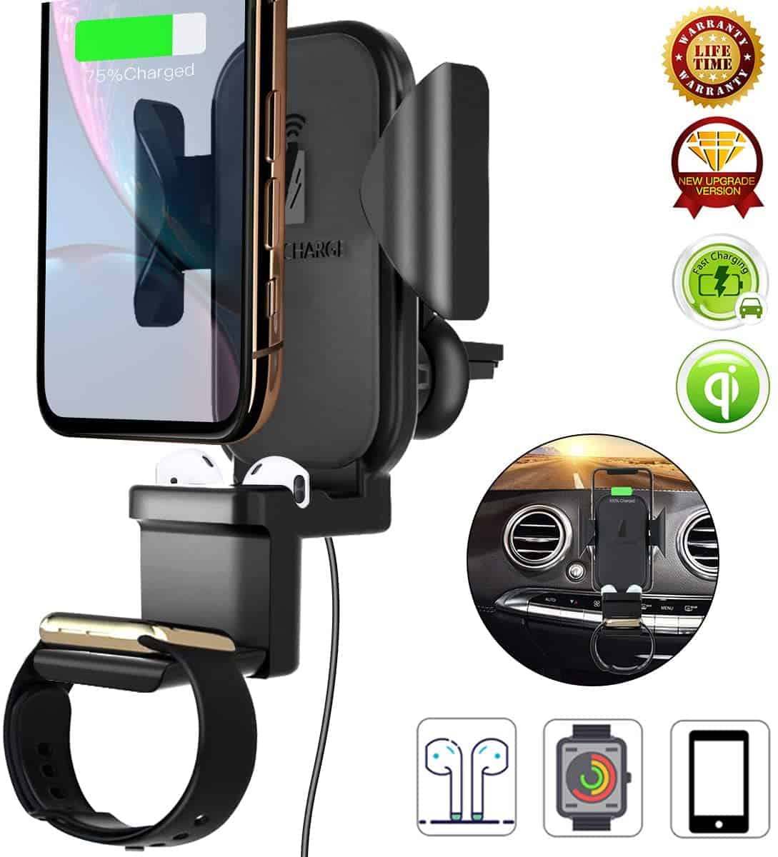 3 en 1 Qi chargeur de voiture sans fil évent, support de charge rapide sans fil support de téléphone de voiture pour Apple Watch / Airpods / iPhone 11 Pro Max / X / XR / XS Max et Samsung Galaxy S10 / S10 Plus Note9 / S9 / S8 / Note 10 Plus