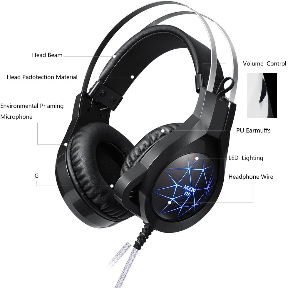 Casque de jeu NUOXI N1, isolation du bruit stéréo basse filaire de 3,5 mm avec microphone LED de respiration à 7 couleurs