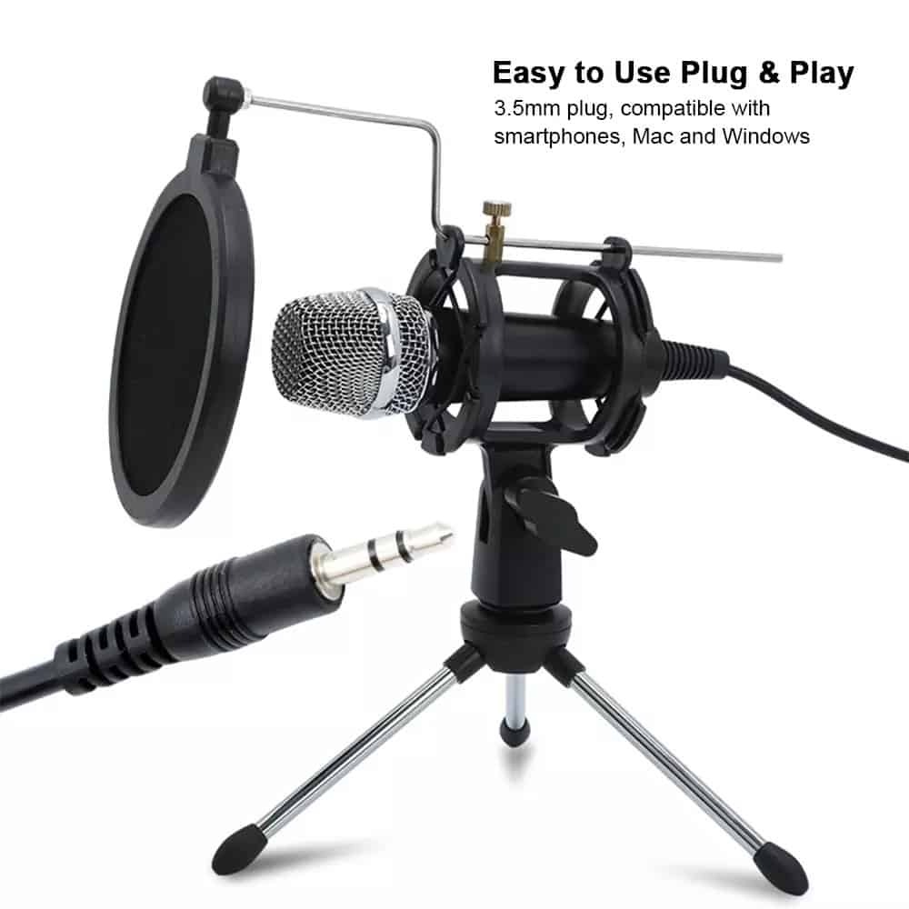 Mini microphone à condensateur Microphone PC 3,5 mm Plug and Play Home Studio Podcast Microphones d'enregistrement vocal avec support mini MIC Filtre acoustique double couche pour téléphone portable PC Tablet