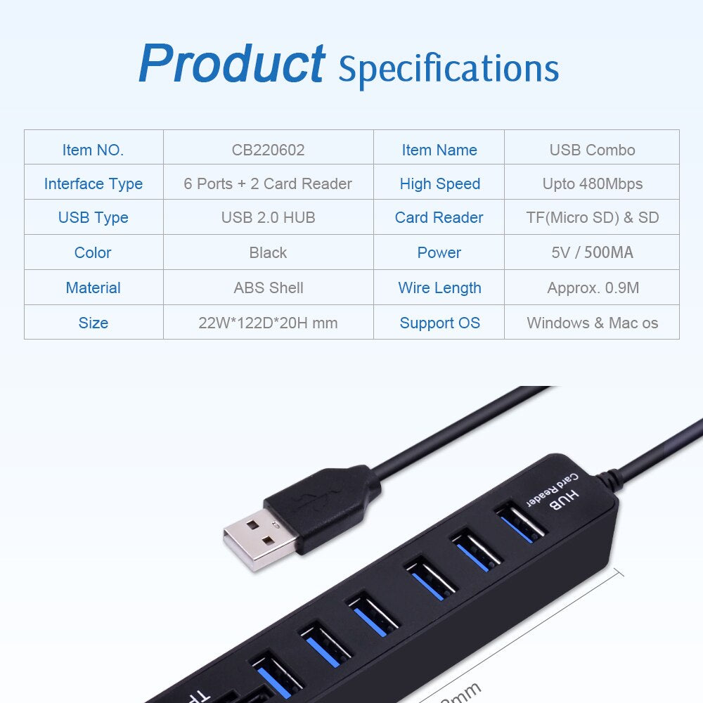 Hub USB combiné 6 Ports et lecteur de cartes SD/TF