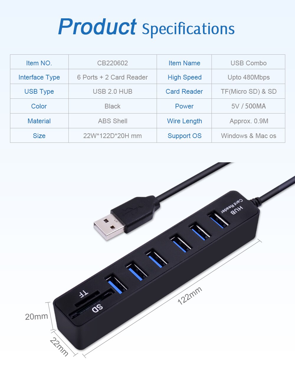 Hub USB combiné 6 Ports et lecteur de cartes SD/TF