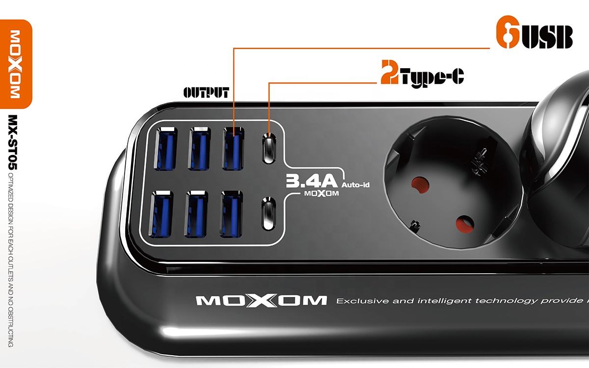 RALLONGE MOXOM MX-ST05 6 port usb 3.4A et 2 port Type C