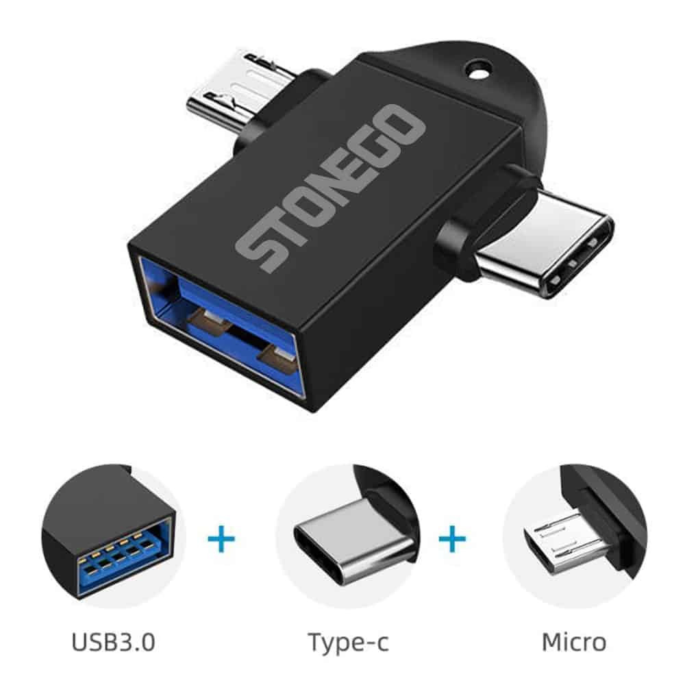 2 en 1 adaptateur OTG, USB 3.0 femelle vers Micro USB mâle et USB C connecteur mâle alliage d'aluminium