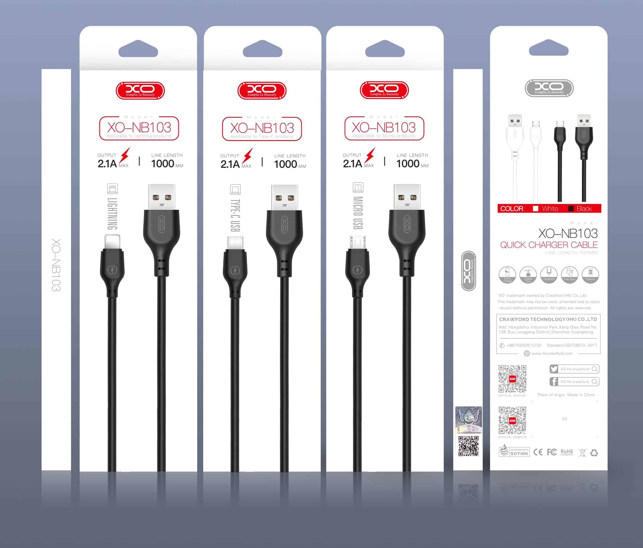 ORIGINAL XO-NB103 MICRO USB & ÉCLAIRAGE & TYPE C CÂBLE DE DONNÉES DE CHARGE SUPER RAPIDE 2.1A