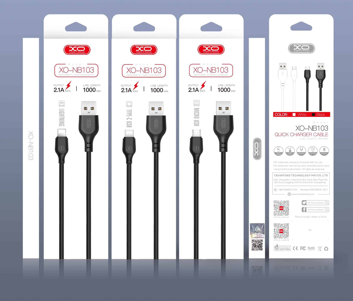 ORIGINAL XO-NB103 MICRO USB & ÉCLAIRAGE & TYPE C CÂBLE DE DONNÉES DE CHARGE SUPER RAPIDE 2.1A