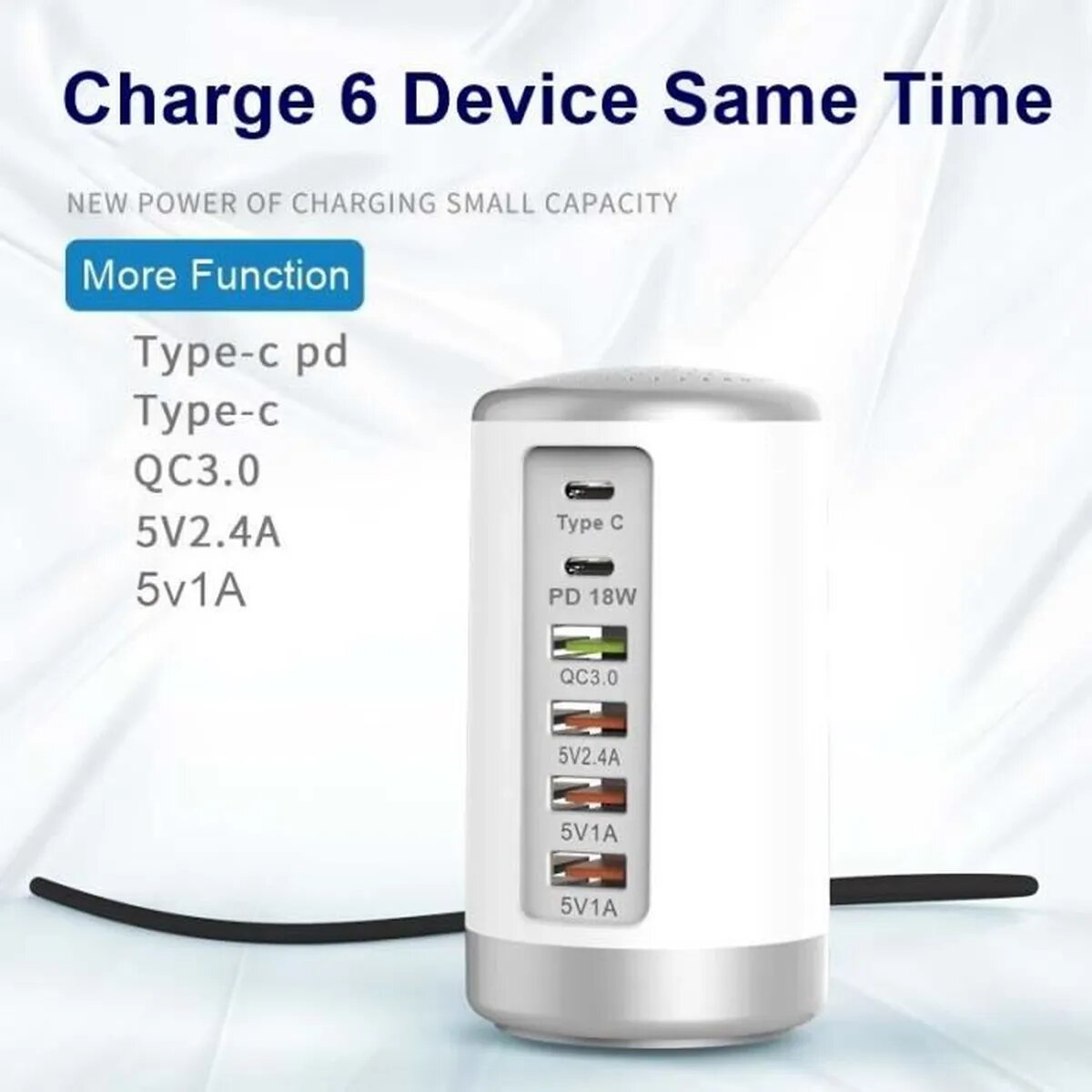 PD Charge Rapide Cylindrique 65W 6 ports USB QC3.0 Chargeur Type-C