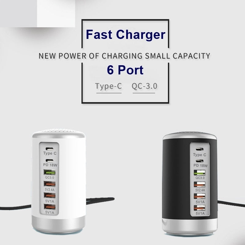 شاحن PD شحن سريع أسطواني 65 واط 6 منافذ USB QC3.0 نوع-C
