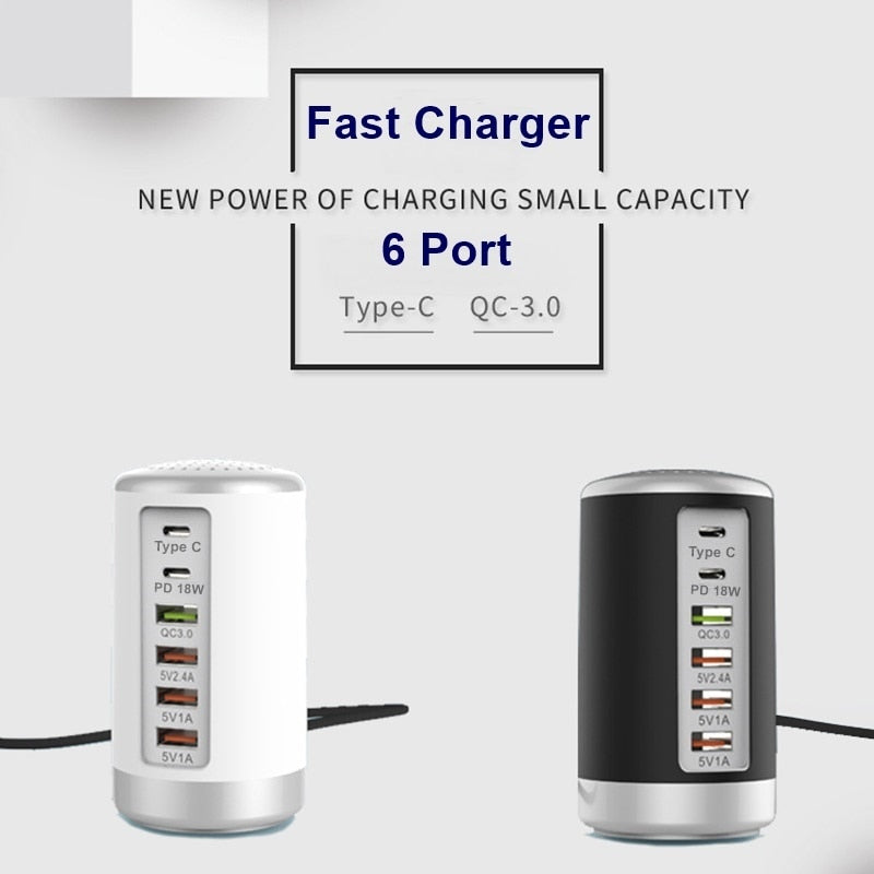 PD Charge Rapide Cylindrique 65W 6 ports USB QC3.0 Chargeur Type-C