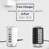 PD Charge Rapide Cylindrique 65W 6 ports USB QC3.0 Chargeur Type-C