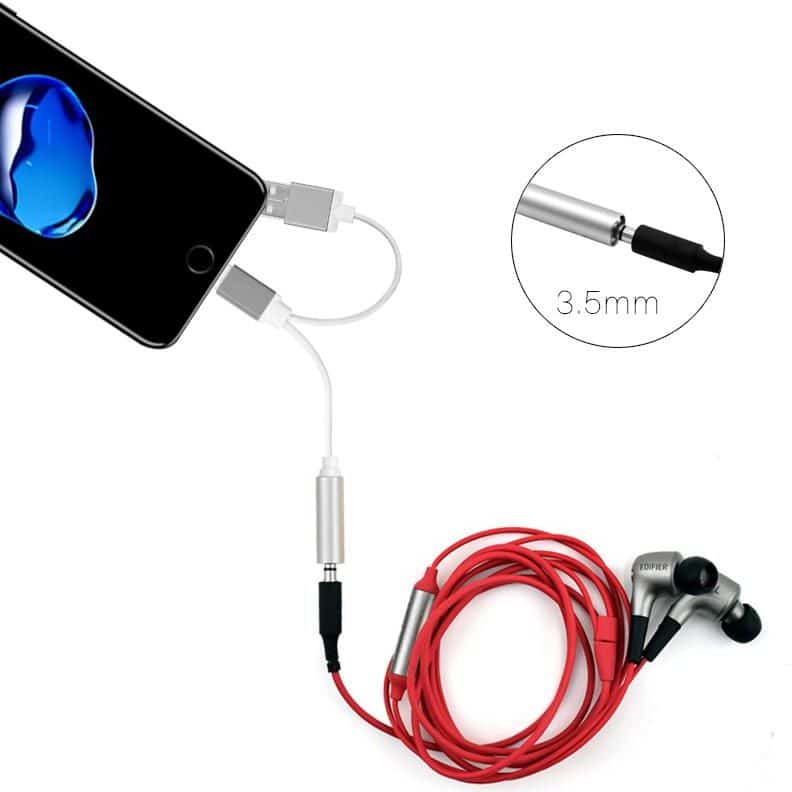 Chargeur de charge USB 2 en 1 pour Apple iPhone 7 iPhone7 Plus adaptateur prise casque câble AUX éclairage à 3.5mm femelle convertisseur-argent