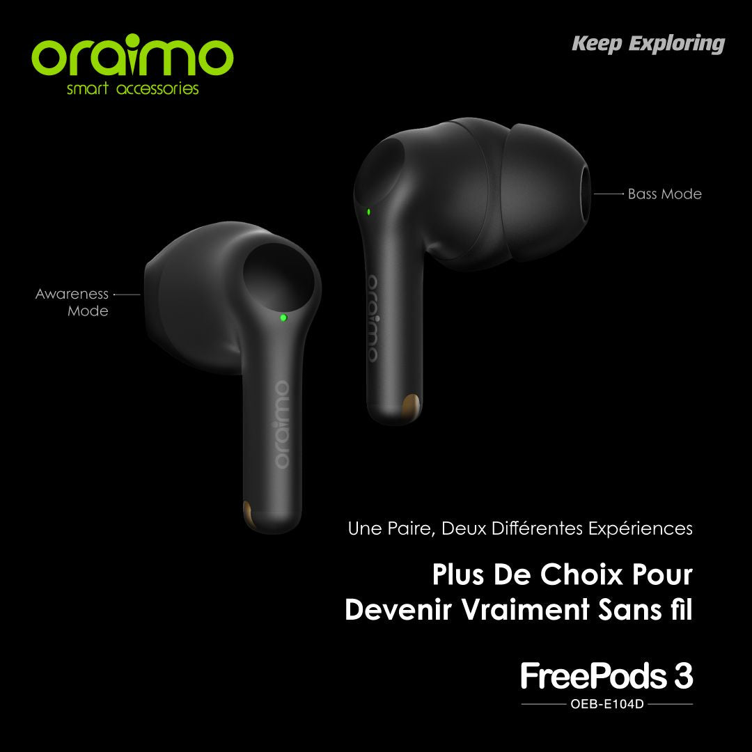 écouteurs Bluetooth Oraimo freepods 3 Avec Micro - Noir