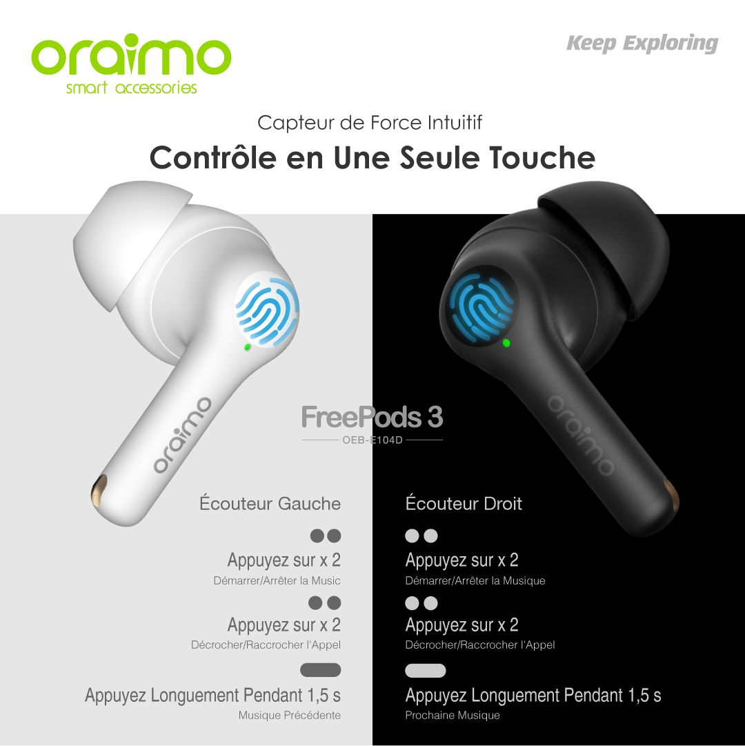 écouteurs Bluetooth Oraimo freepods 3 Avec Micro - Noir